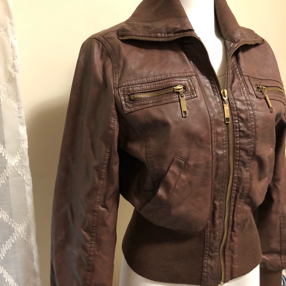 Like New Brown Faux Leather Aviator Jacket